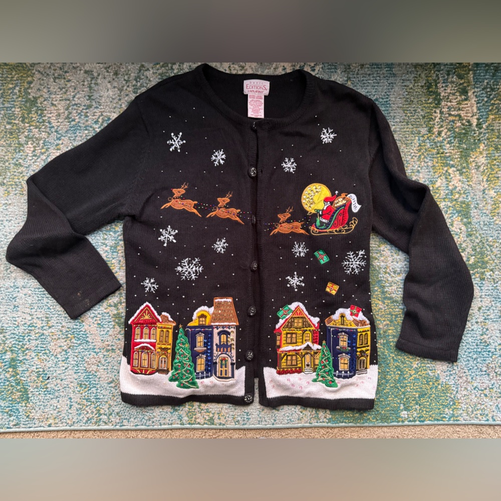 Vintage Basic Editions embroidered Santa holiday cardigan sweater, size XL - Picture 8 of 16